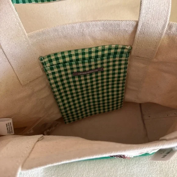 Anthropologie Embroidered Duck Tote - Green and Cream embroidered beaded new - Picture 4 of 7